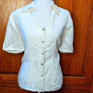 Edward‎ 100% Irish linen M white contrast stitch short sleeve MOP buttons top